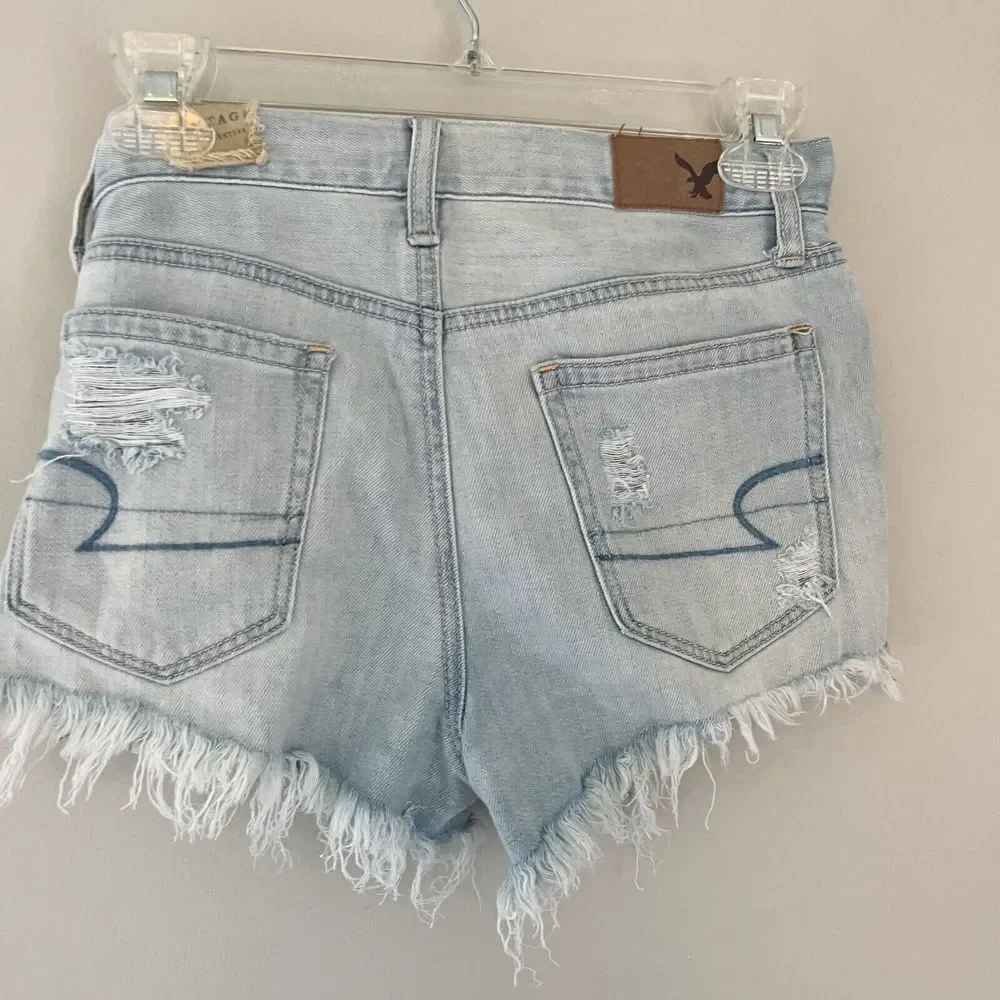 American Eagle Outfitters Womens Blue Hi Rise Raw Hem Denim Shorts Size 00